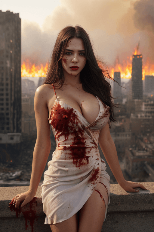 AI generated: (medium shot) photo of 1 girl, (look at viewer), (solo focus:1.4), EmptyEyes, emotionless, (blood on...