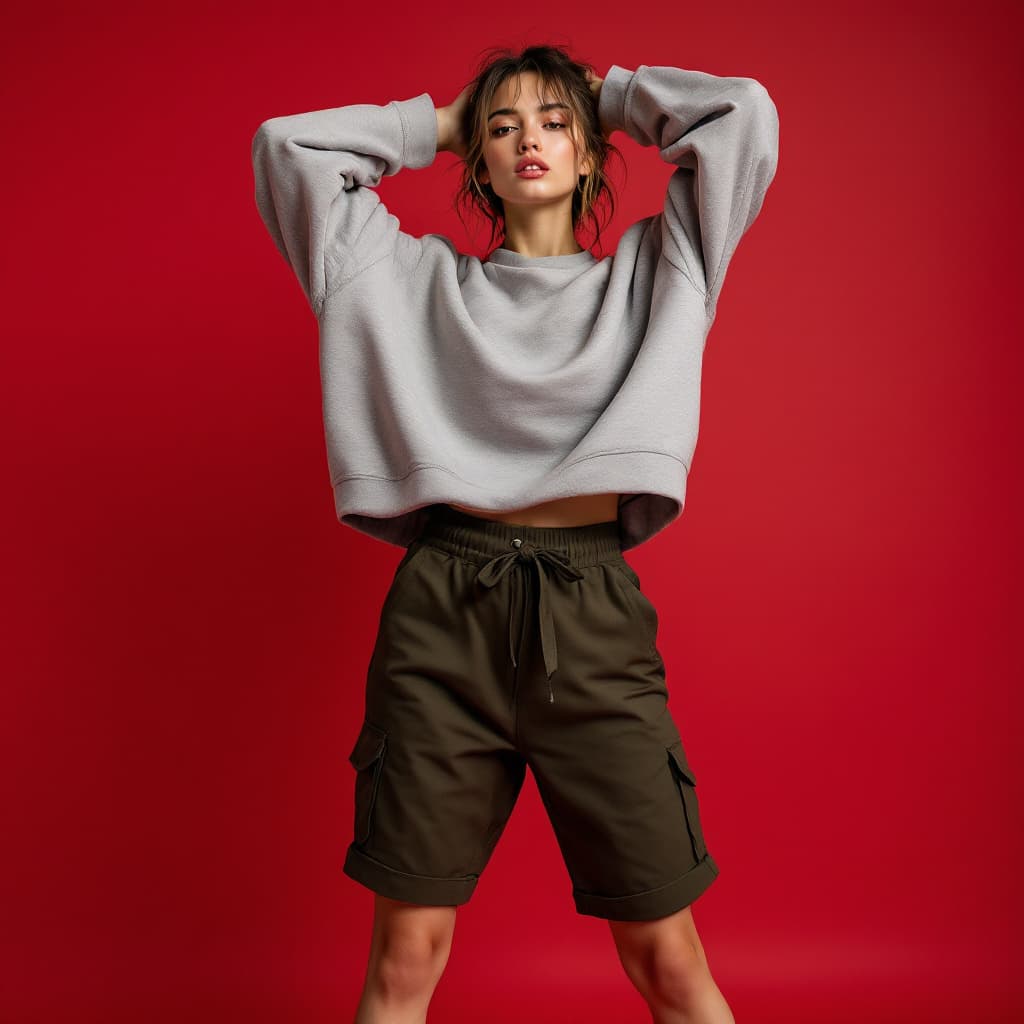 AI generated: fashion photograph of a model posing minimalist set, model is styled in a streetwear yet chic outfit...