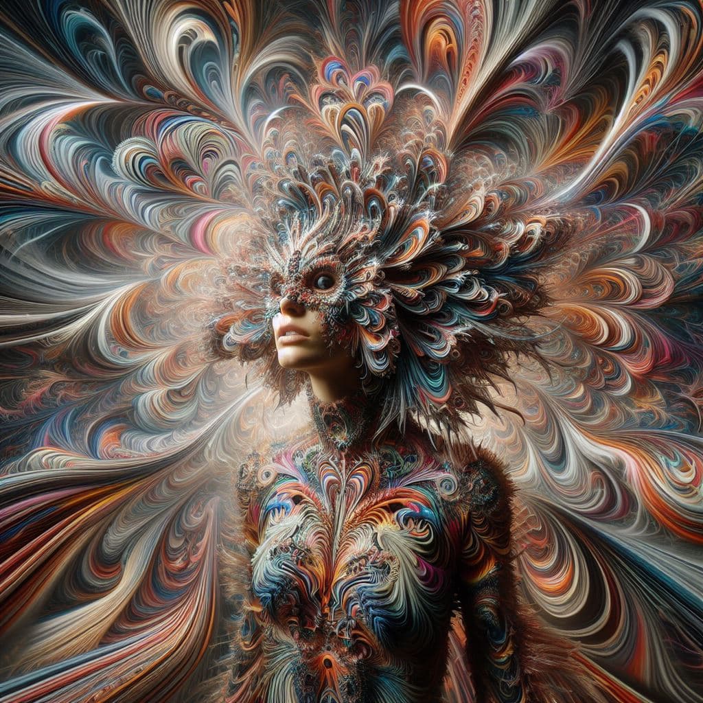 AI generated: Woman wearing Kaleidoscopic apparel, exploding colors, fragmented elegance, prismatic patterns and r...