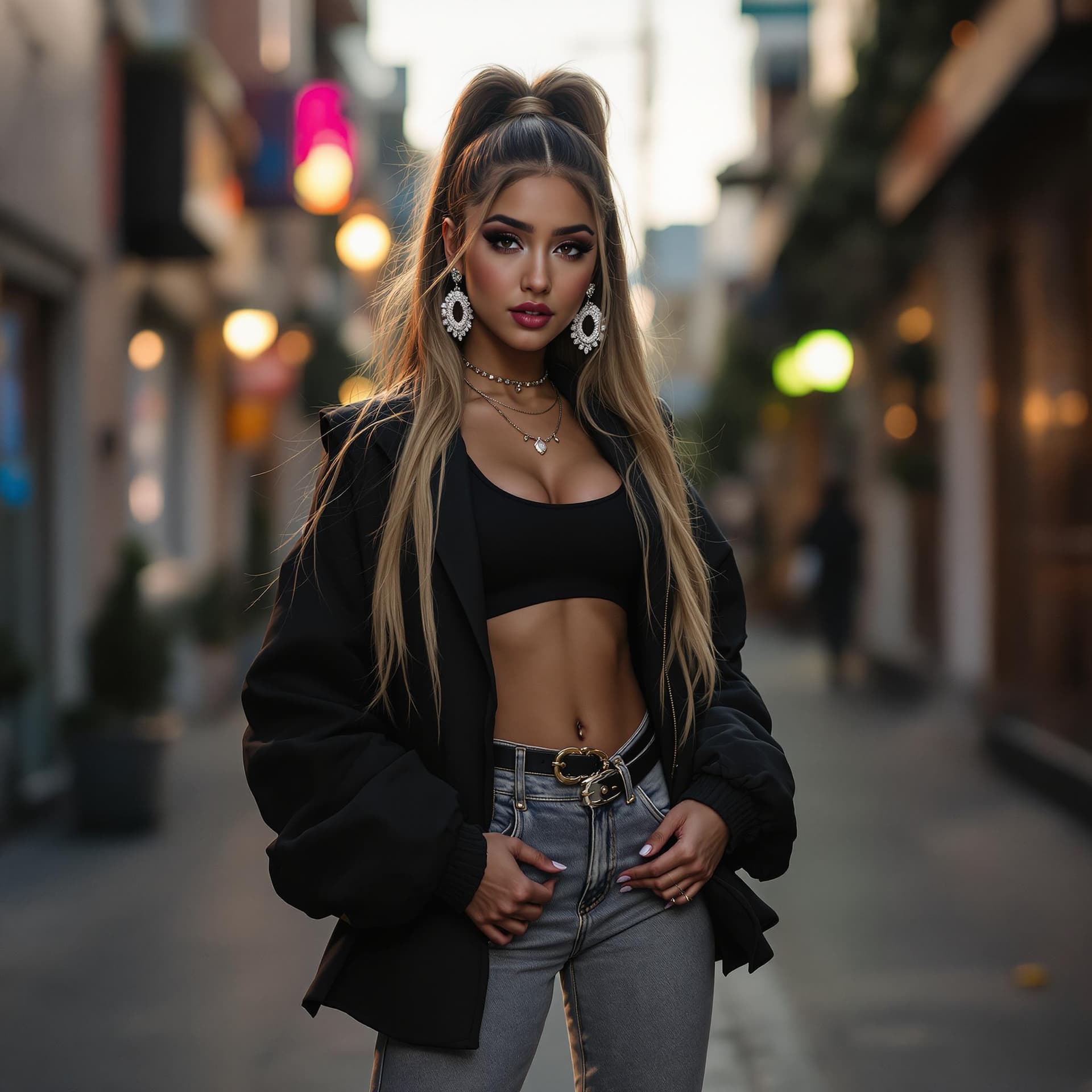 AI generated: Super-Realistic potrait of Ariana Grande standing at photoshoot location, worn a detailed texture ch...