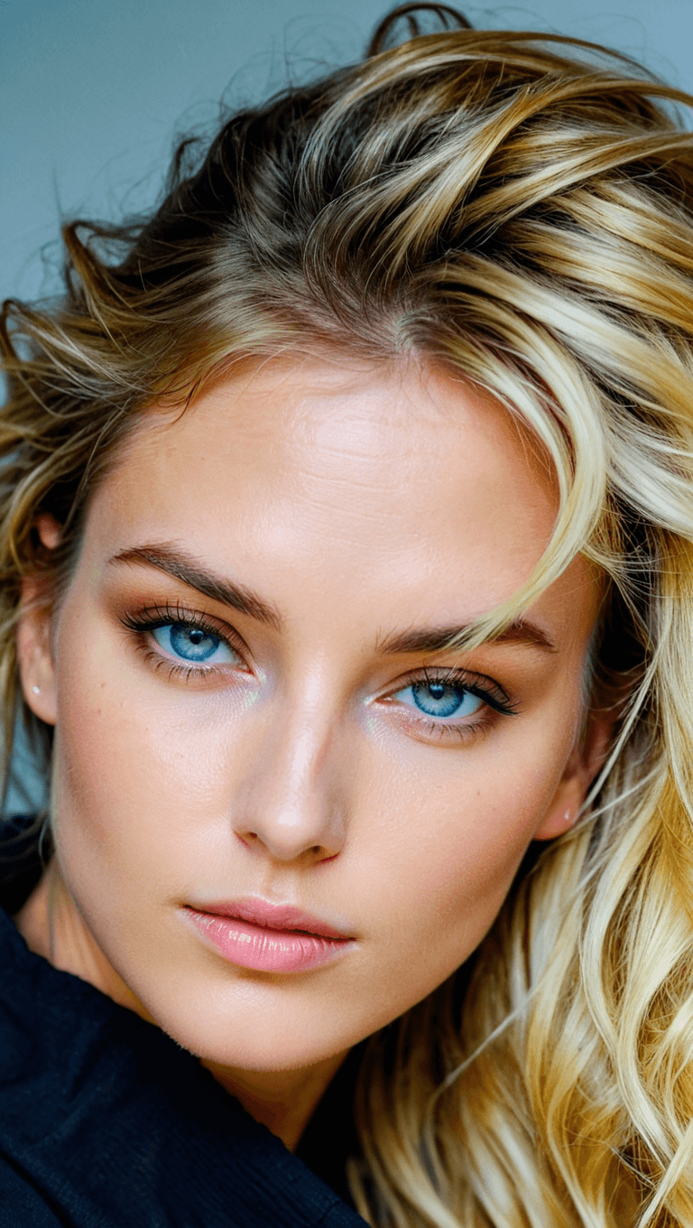 AI generated: Close-up, photograph of, a woman with messy blonde hair and dark highlights looking at the viewer, l...