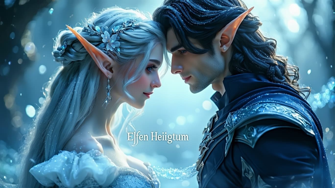 AI generated: A fantasy-themed digital artwork featuring two elf-like figures in an intimate moment against a ligh...