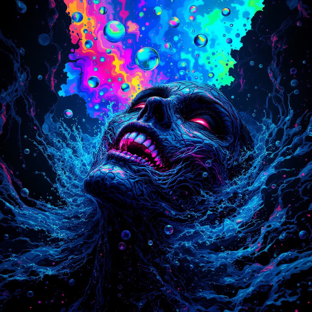 AI generated: abyssopelagic heretic, sinister sly smile bubble escapade, doomed user, glitch art in oceanic 3d tec...