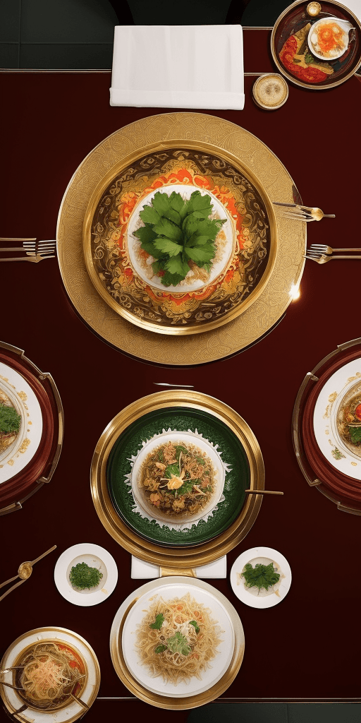 AI generated: “A top-down view of a luxurious Thai dining table. The table is elegantly set with a glossy gold tab...