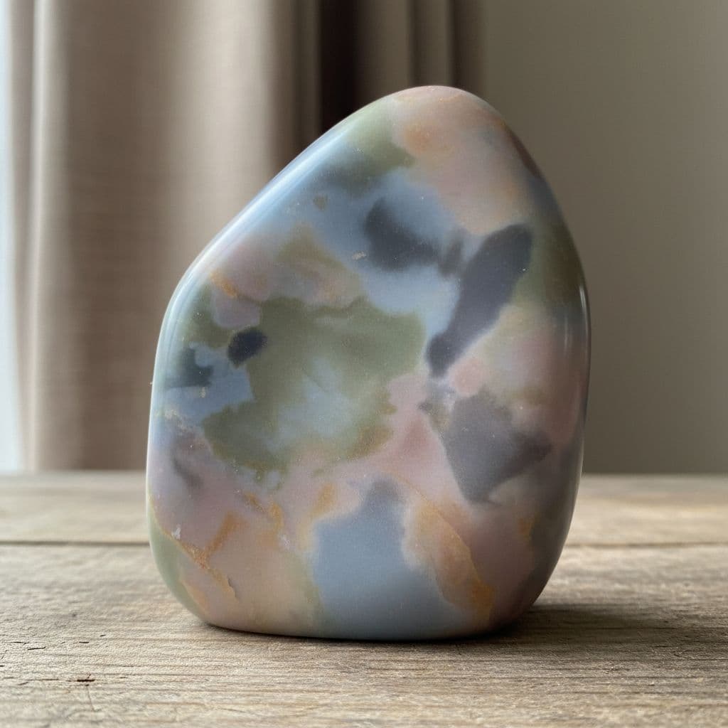 AI generated: a smoothed Crystal made up of lots of different dull colors faded together  