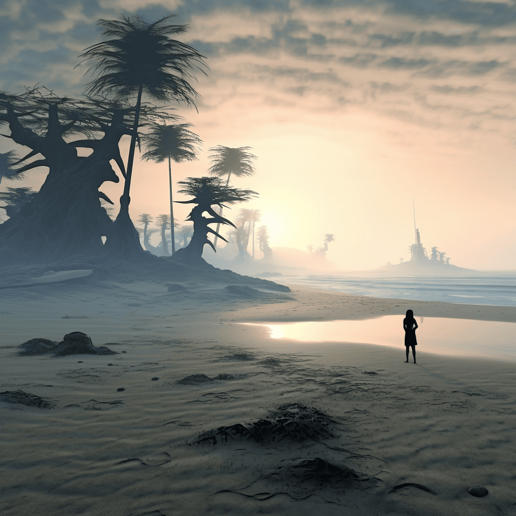 AI generated: captivating dawn on a dark sand beach, waves in a sea with nameless hidden creatures, navy blue sche...