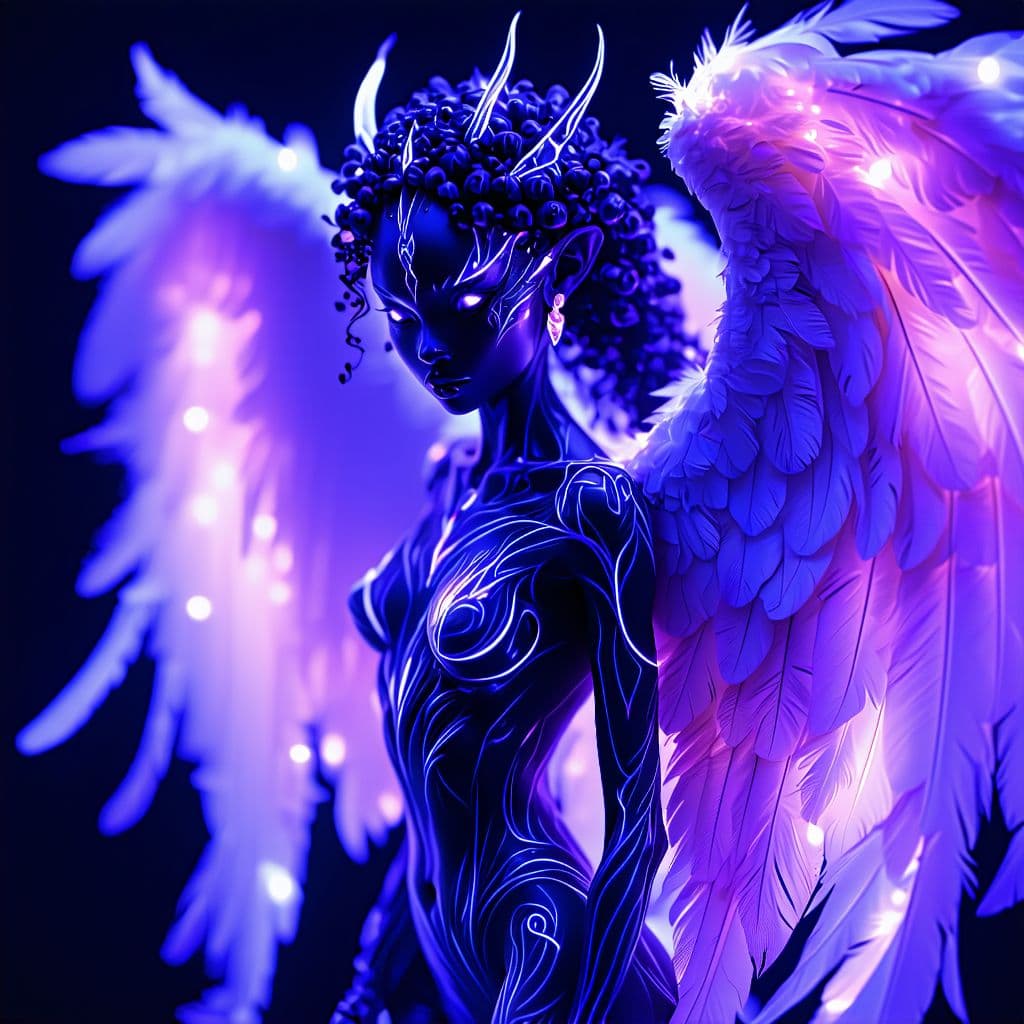 AI generated: black light poster of a intricate portrait of An amazing mythical female angel creature, barefoot, f...