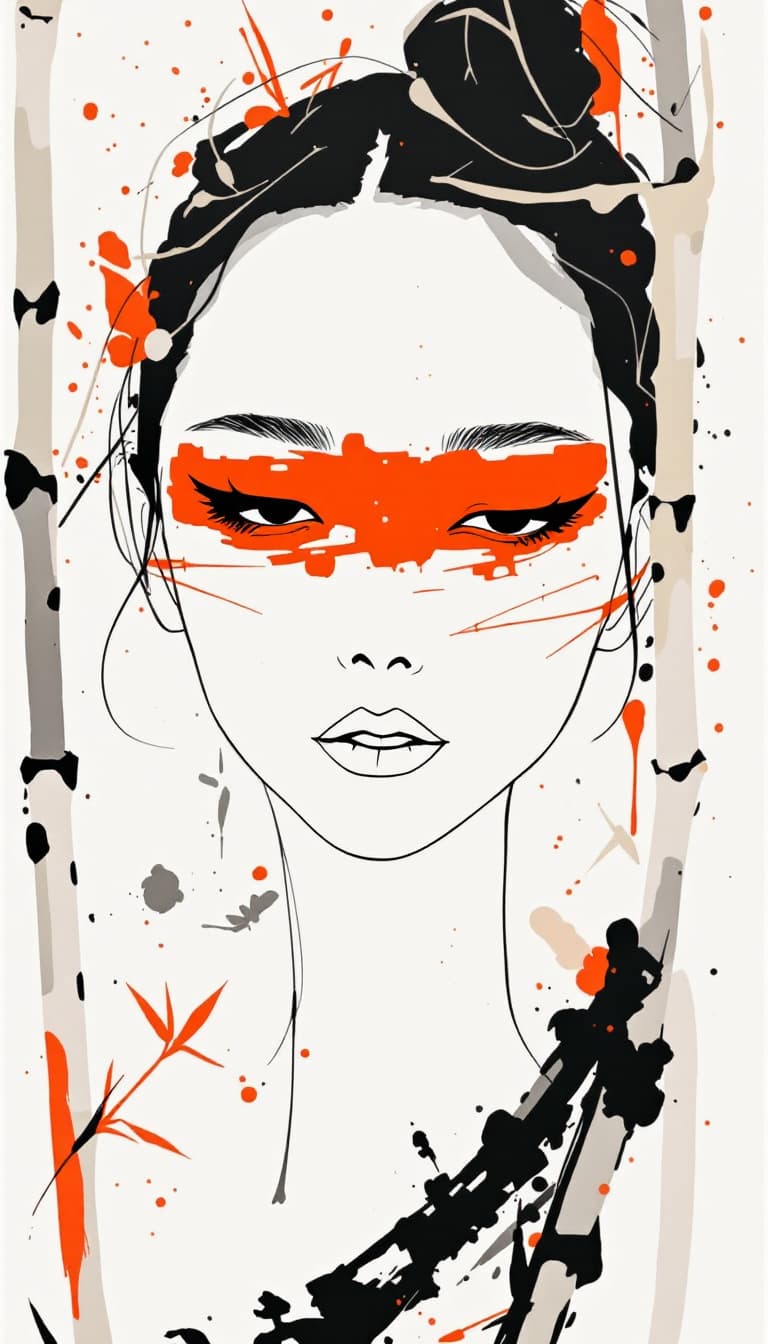 AI generated: The minimalist drawing captures the essence of a colorful Japanese woman's white face with red eyesh...