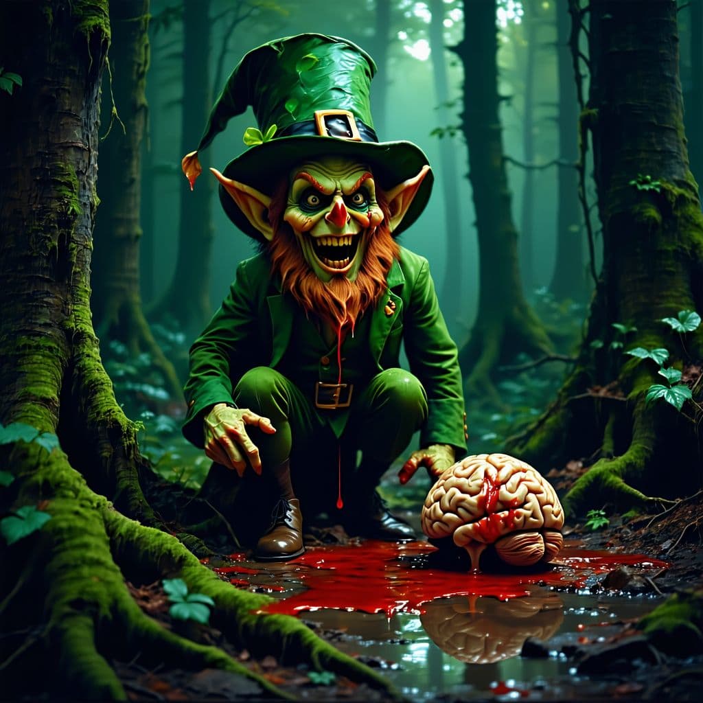AI generated: leprechaun hiding in the dark woods, with blood dripping from mouth and half eaten brain on the floo...