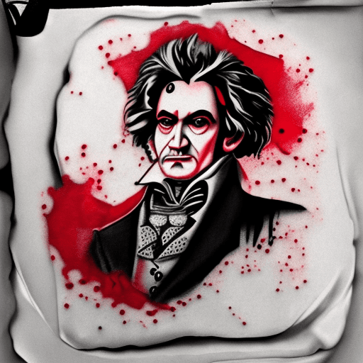 AI generated: Realistic trash polka style chest tattoo sketch of Ludwig Van Beethoven, red and black mdjrny-v4 sty...