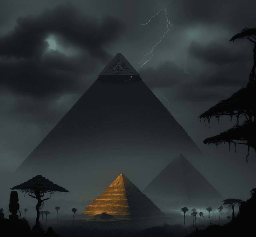 AI generated:  mysterious pyramids and temples. rain forest landscape. cloudy sky. electric sparks. 2 female robot...