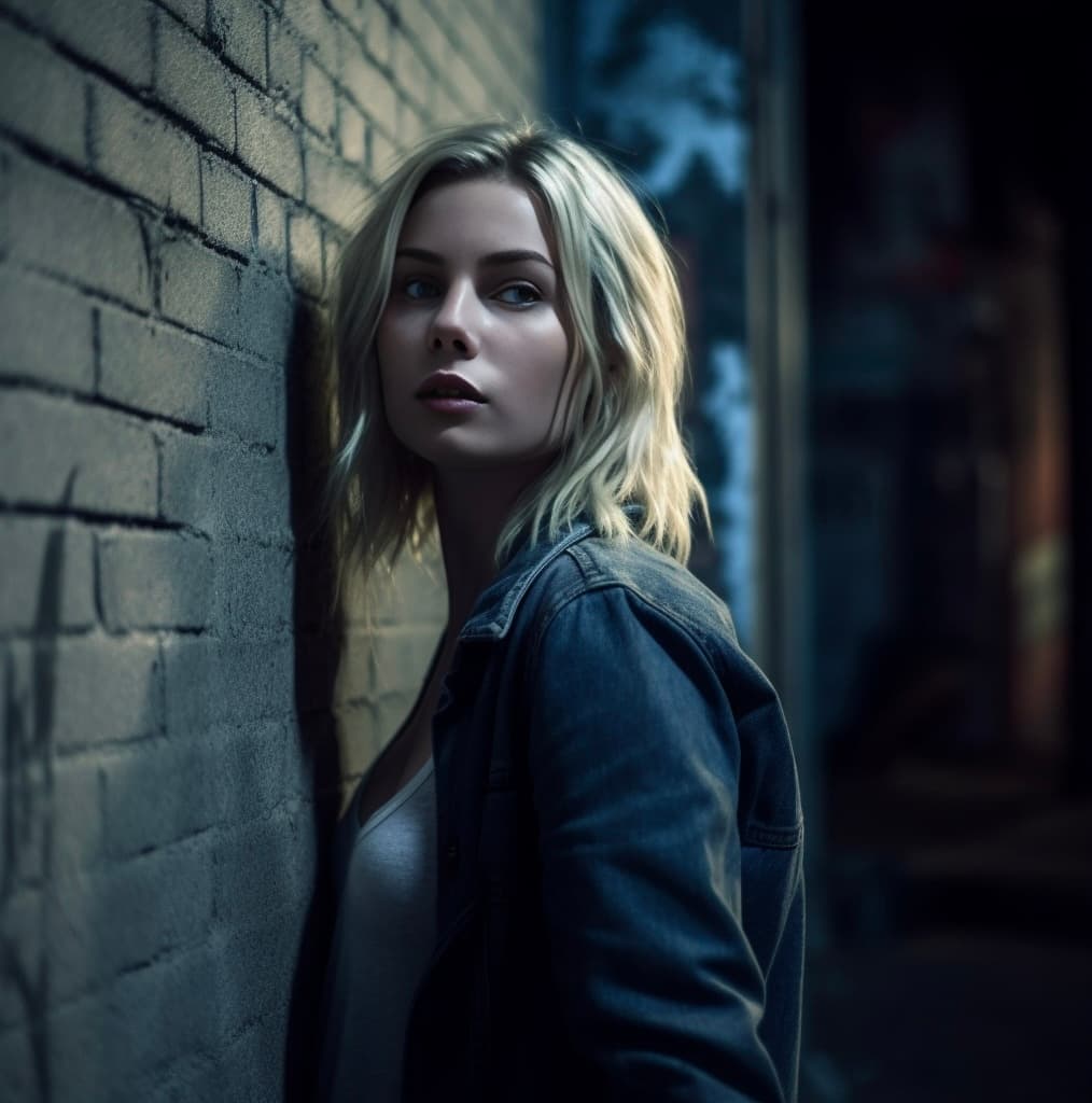 AI generated: A beautiful blonde girl leaning against a wall in a dark alleyway in a film directed by Vince Gillig...