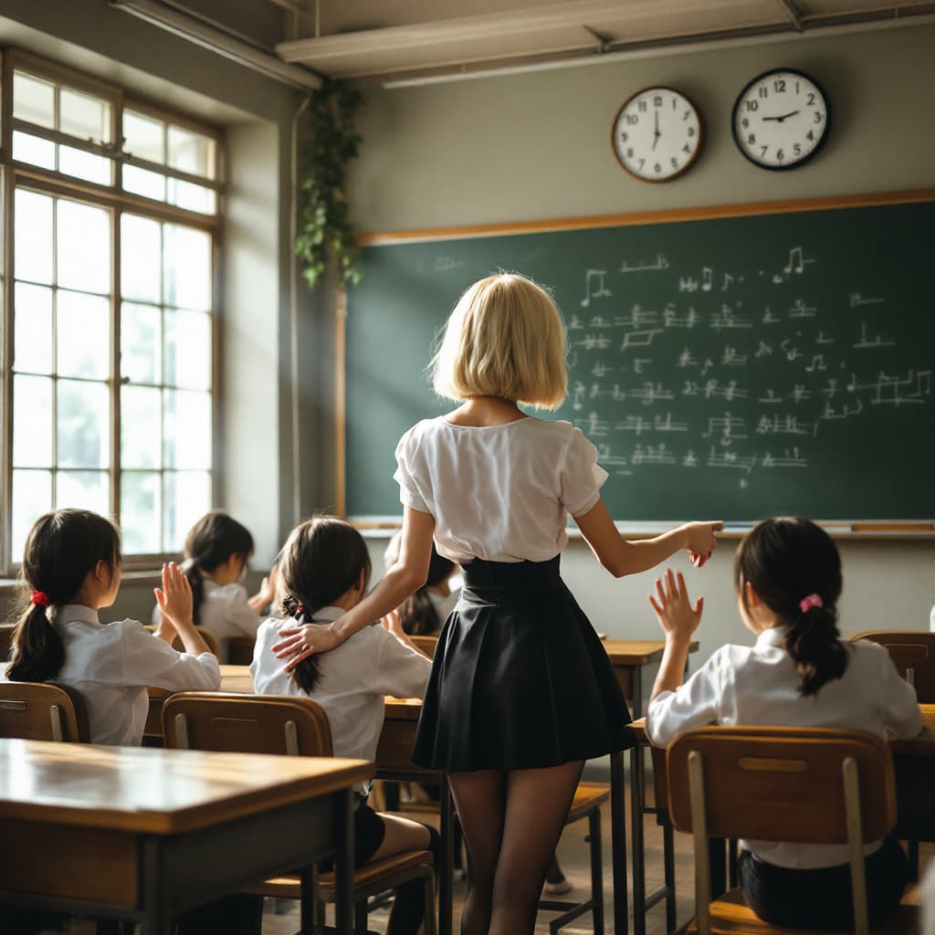 AI generated: A Japanese female,blond Hair Bob, black miniskirt, black tights,
She is a teacher, she is in the cla...