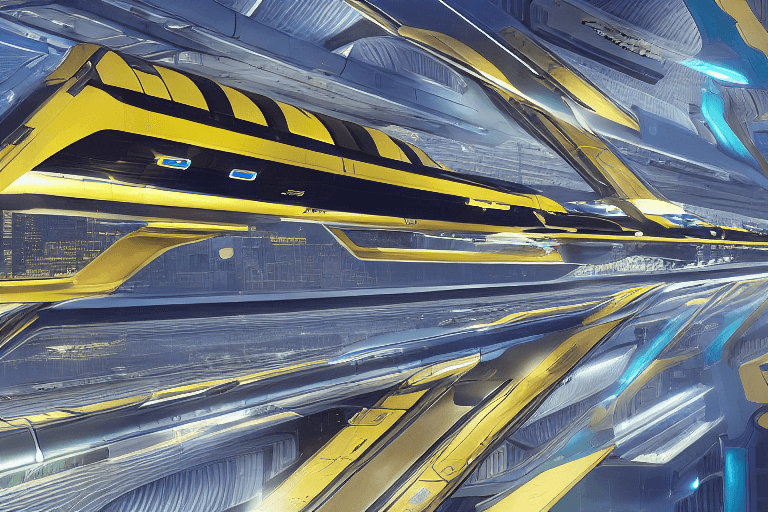 AI generated: Shadowy sleek futuristic Floating Air bus over Celestial Harbor with spaceships and cosmic vessels d...
