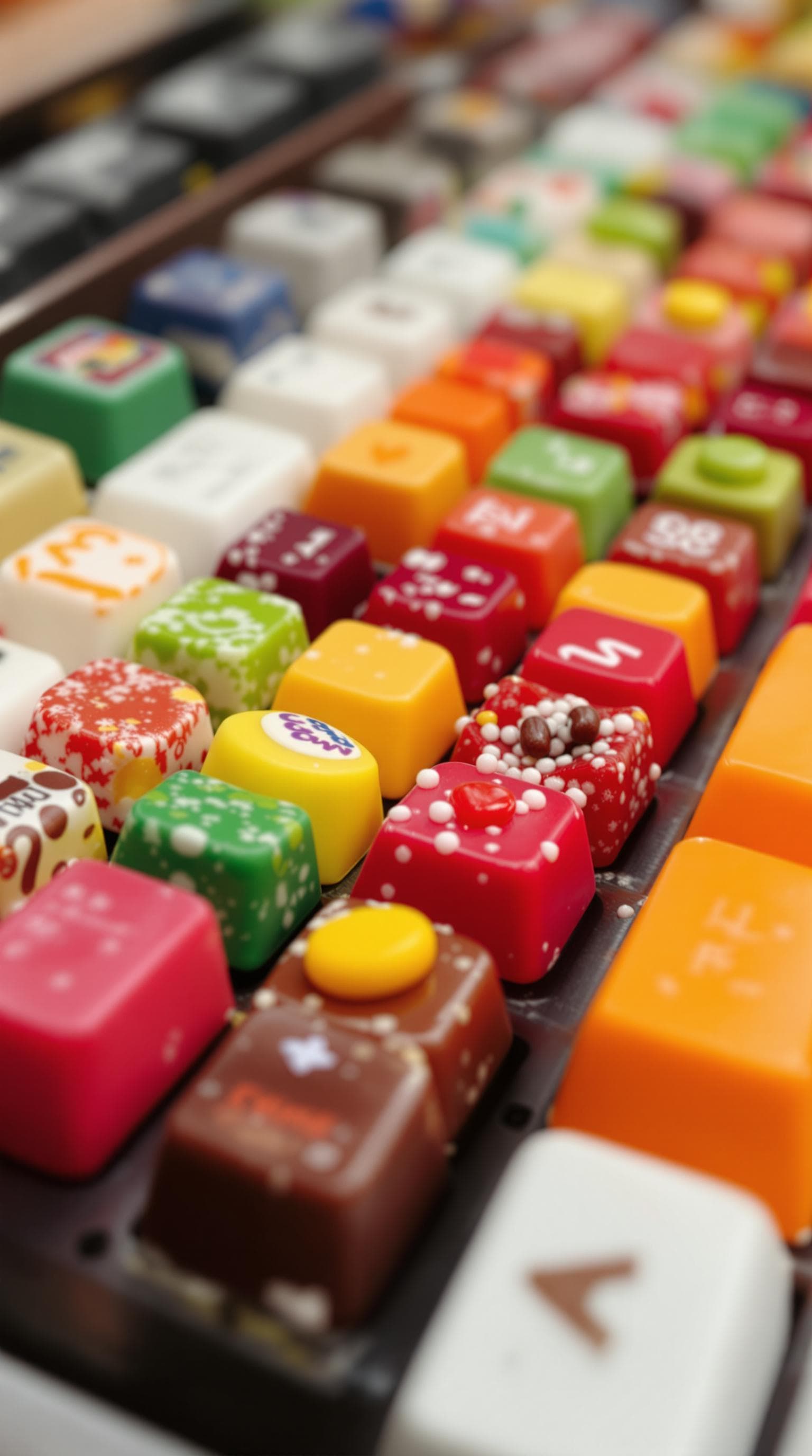 AI generated: A keyboard whose keys are made of different types of candy. Typing makes sweet, crunchy sounds. Audi...