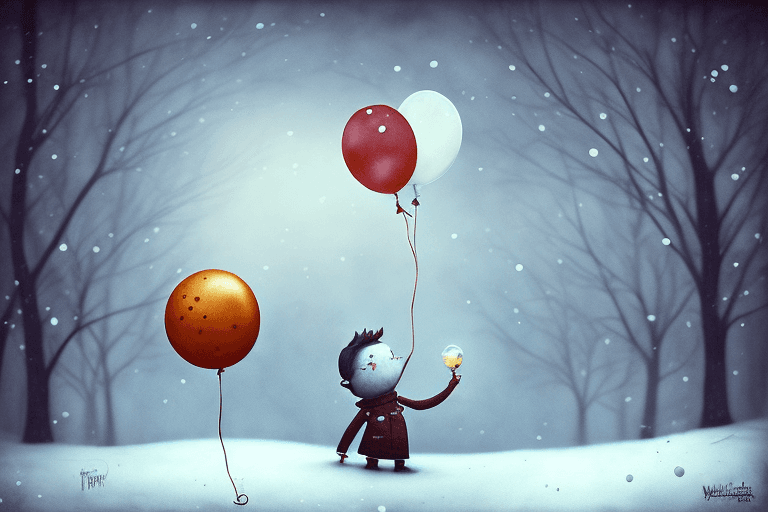 AI generated: On the left side of the image a boy with a balloon, facing the camera, wintertime in the style of Ga...
