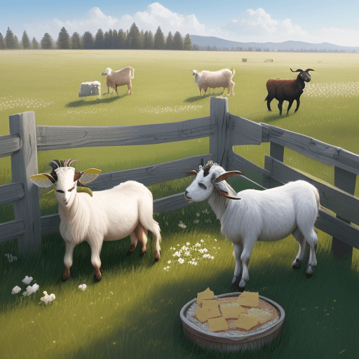 AI generated: Two goats and meadow near a fence with cheese, cottage cheese and milk on the grass. realistic.With ...