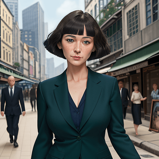 AI generated: a graceful woman with a short bob cut and captivating green eyes, wearing a navy blue suit, is strol...