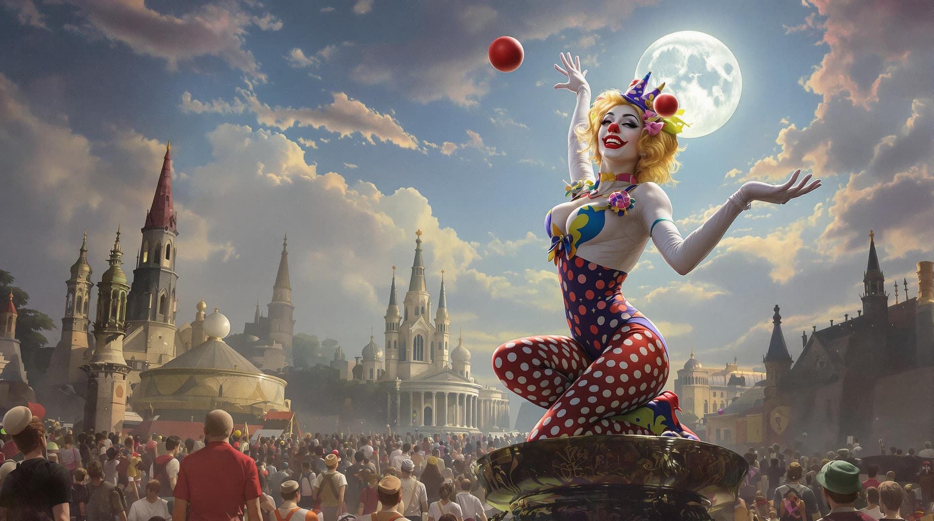 AI generated: full body, girl, woman, clown as the Queen in a chess game, pin-up, crowded city background, kind sm...
