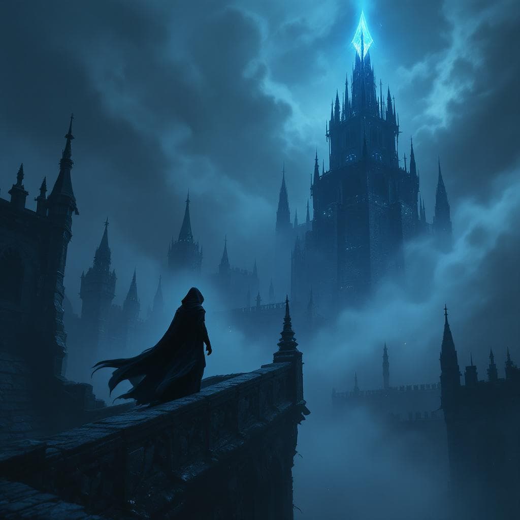 AI generated: "A lone, agile figure, Elara the Whisperwind, in a dark, flowing, hooded cloak, stealthily navigatin...