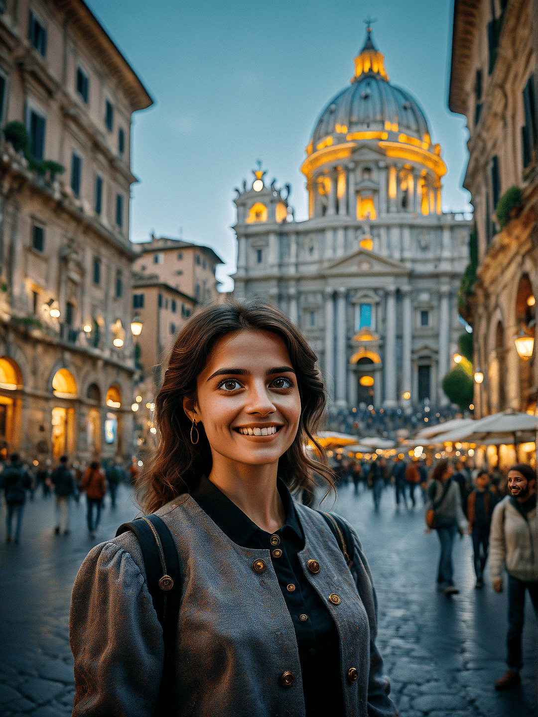 AI generated: n the heart of Rome, a mesmerizing Italian belle stands. The shot encapsulates her playful grin and ...
