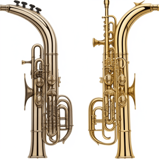 AI generated: an image of two guns that cross in the middle and have a trumpet-shaped brass mouthpiece