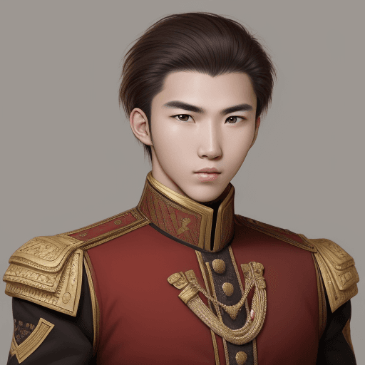 AI generated: young noble man. Relatively weak, serious look but friendly face