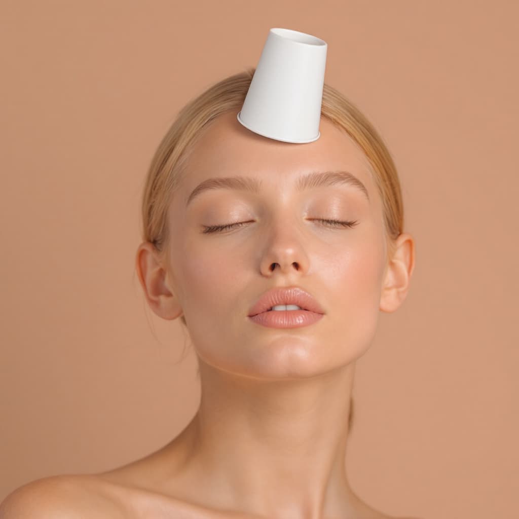 AI generated: A photo model with a cup stuck to her forehead.
