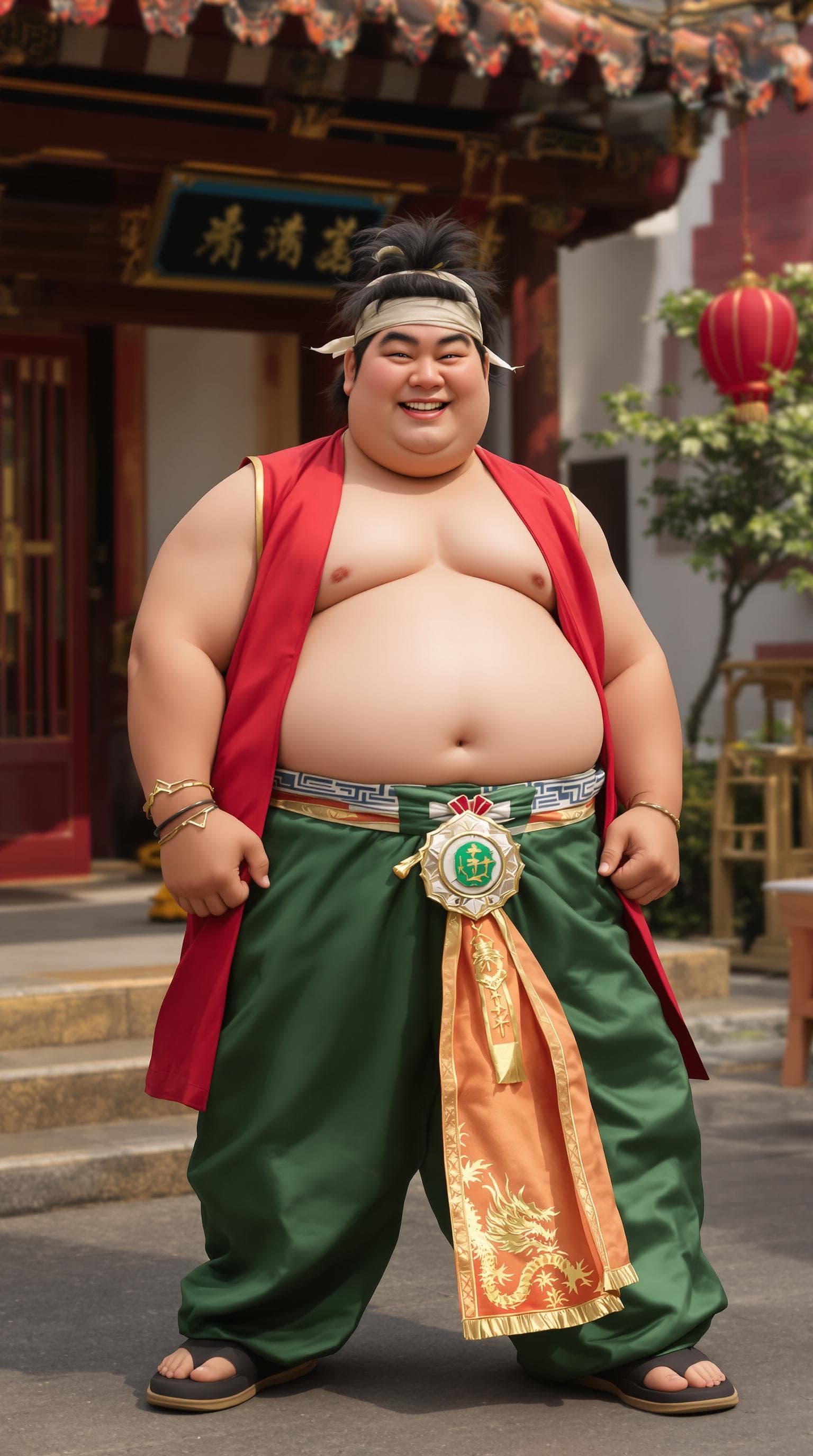 AI generated: Photorealistic portrait of a jovial martial arts student inspired by Po; good-natured overweight Asi...