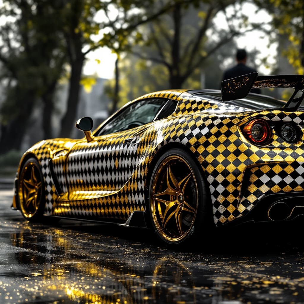AI generated: Sports car seen from the side with Gingham Print pattern, Gingham design interpreted in a modern ext...