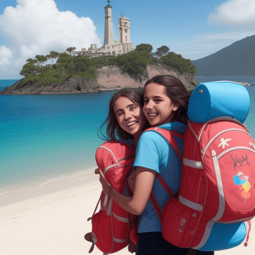 AI generated: unos jovenes en una isla desierta con unas mochilas y toda su visa sentro de ellas y siendo felizes ...