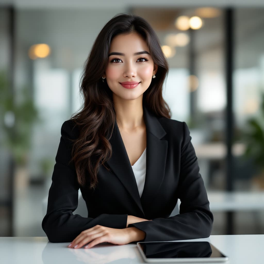 AI generated: asian woman in all black business professional attire, office as background
