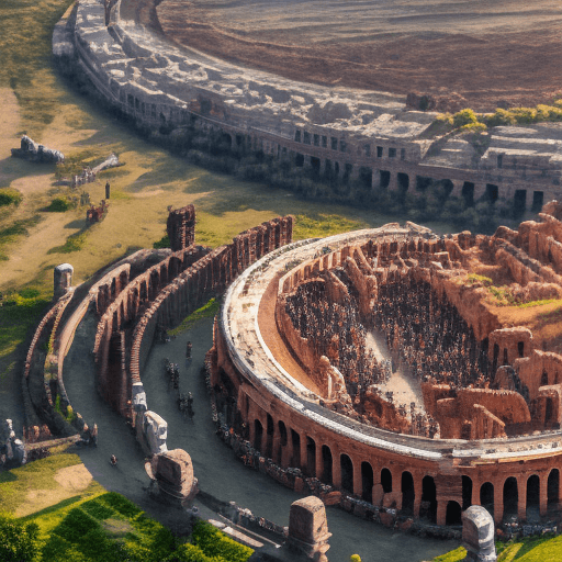 AI generated: Spartans gladiators fights in  Roman colosseum, aerial view, cinematic, 8k, dystopian, hyperdetailed...