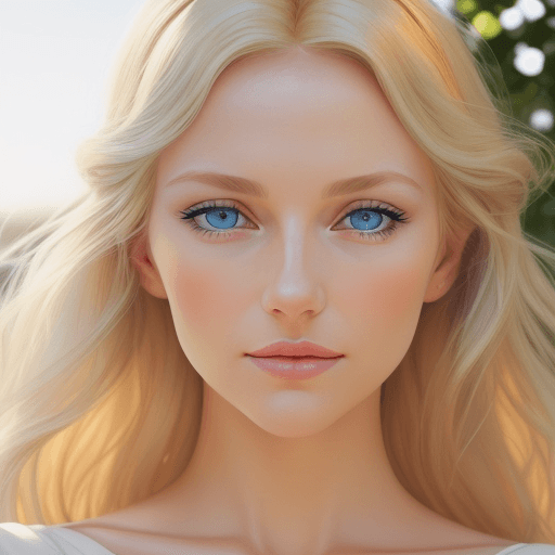 AI generated: a blonde woman with blue eyes, in the style of natural and timeless beauty, Warm Color Palette, Good...