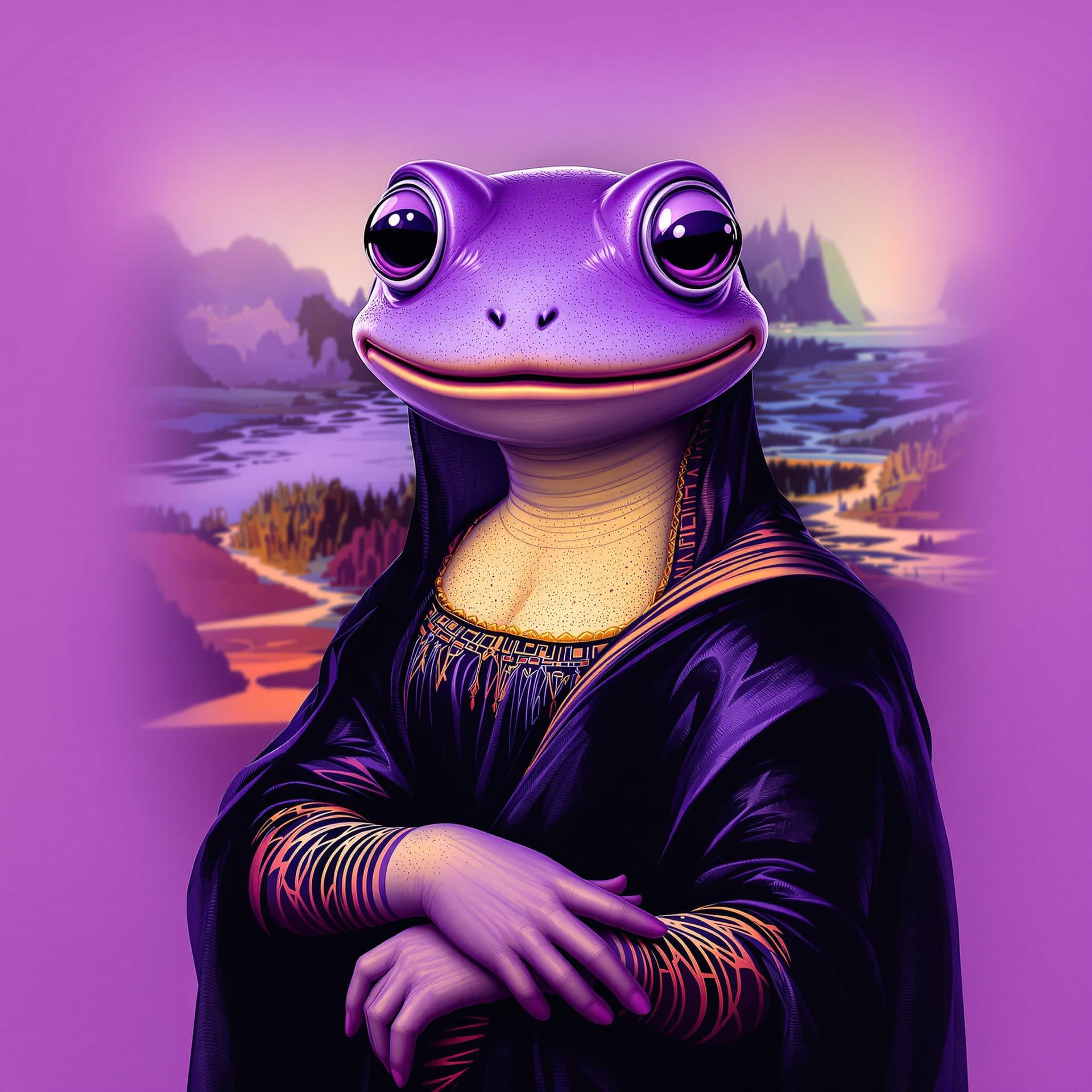 AI generated: A humorous and meme-style NFT profile picture featuring a smug, anthropomorphic purple frog characte...