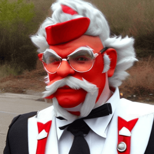 AI generated: Photo of a fantasty half-orc, dressed as colonel sanders from KFC