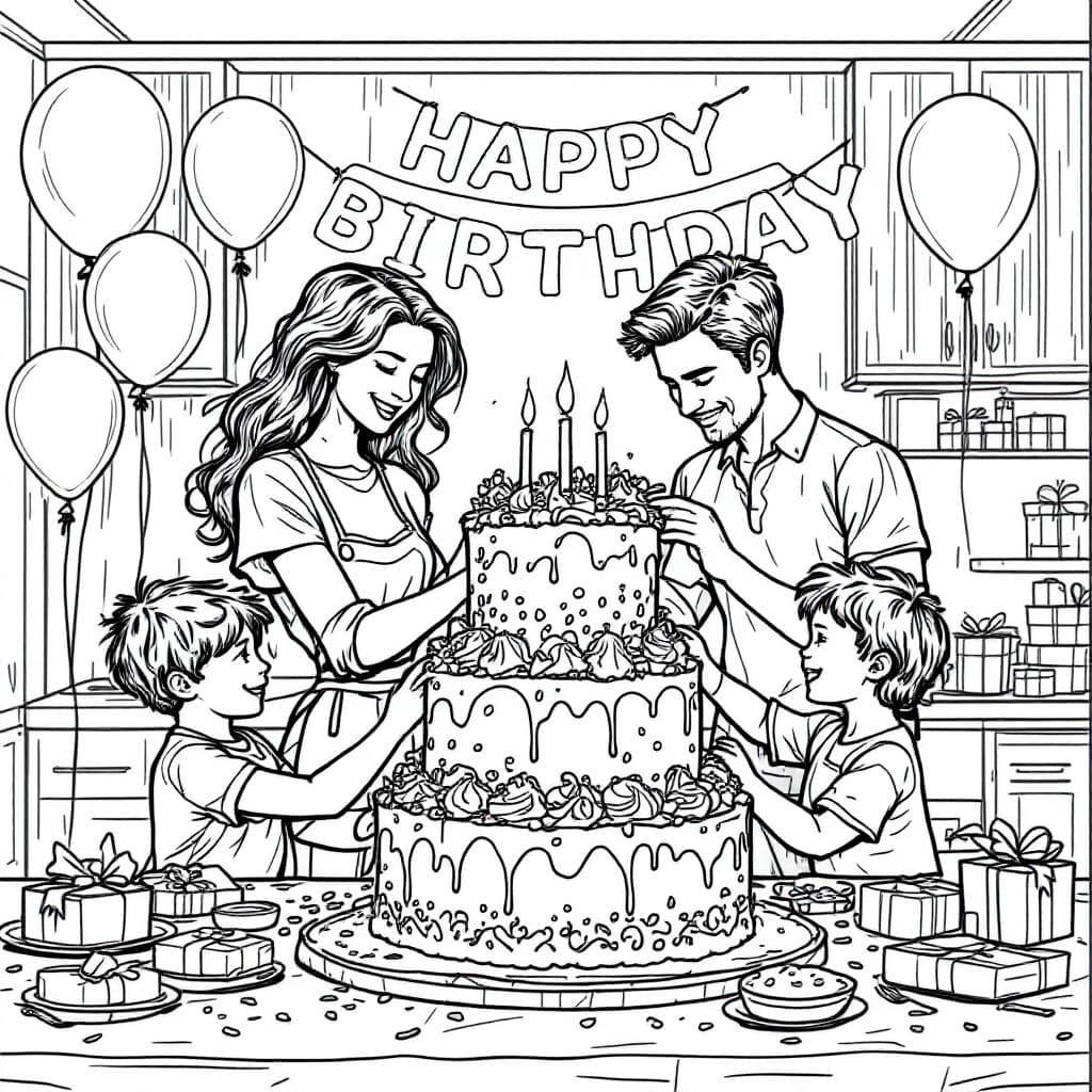 AI generated: High-resolution black-and-white line drawing of baking a cake for a birthday: A family preparing for...
