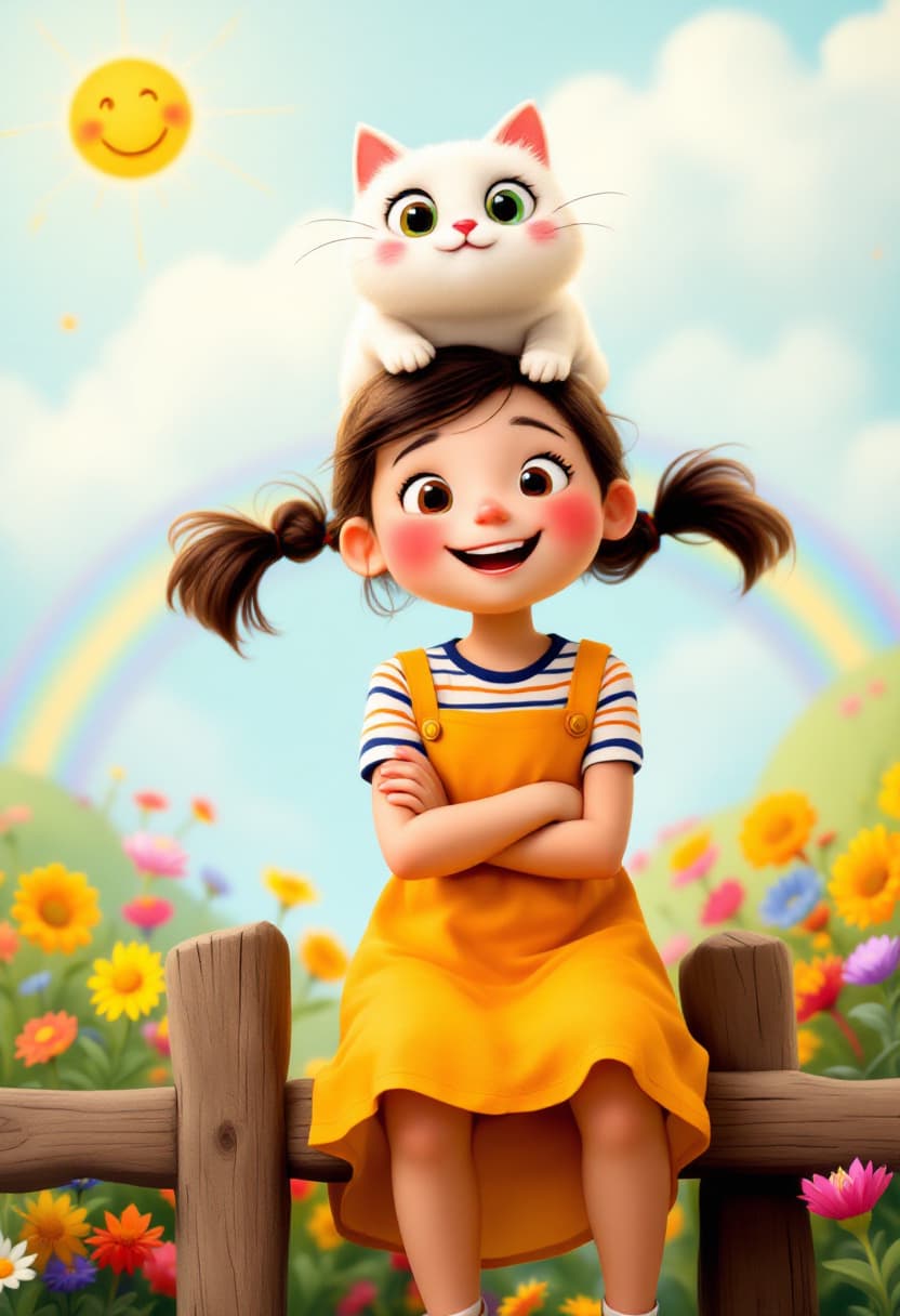 AI generated: A cheerful girl with rosy cheeks and a joyful expression sits on a wooden fence, her arms crossed. S...