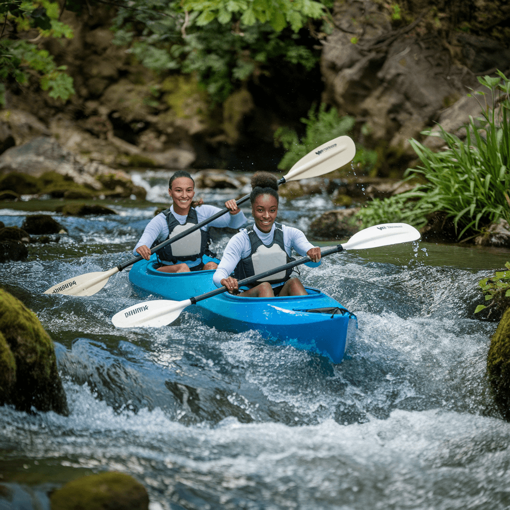 AI generated: two pertty African  female,Kayaking - Paddle through fast rushing stream  waters and hidden coves. t...