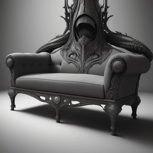 AI generated: huge HR Giger style couch, concept furniture, painting on grey, hyper realistic, illustration, digit...
