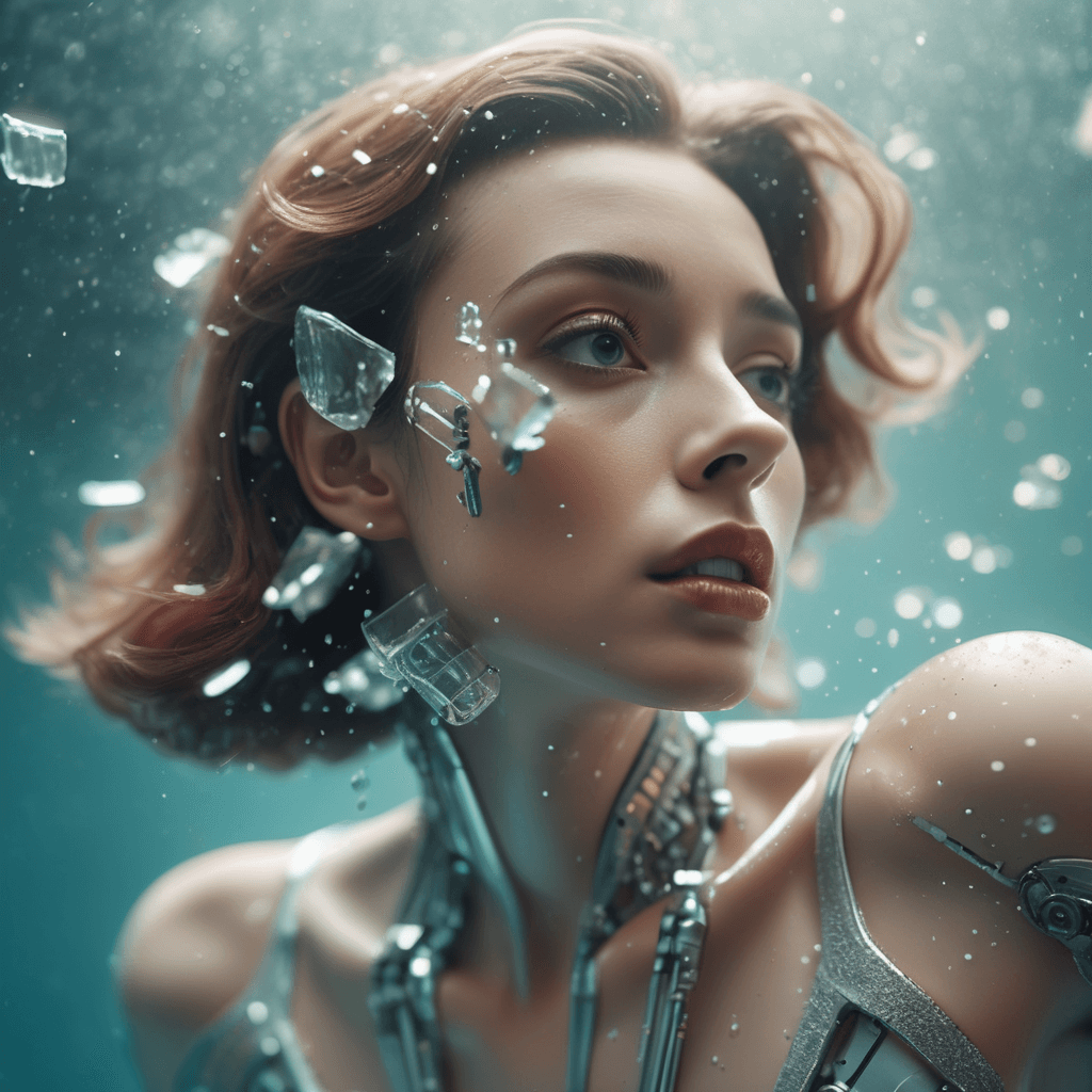 AI generated: modern photography, hyper-realistic ,A beautiful and charming woman ((surreal retro robot)) , fallin...