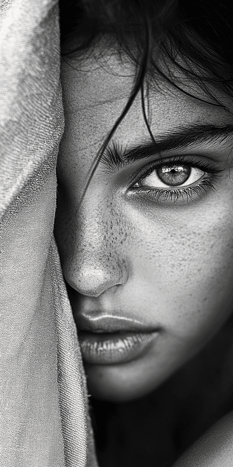 AI generated: black and white photograph of a woman, in the style of intense gaze, hauntingly beautiful, richly la...
