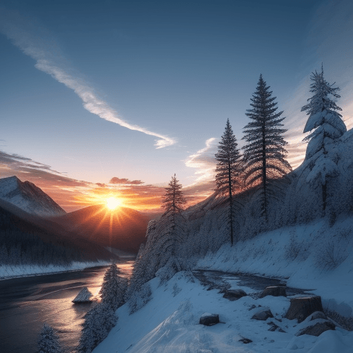 AI generated: outdoors, sky, cloud, tree, no humans, bird, nature, scenery, snow, forest, sunset, rock, mountain, ...