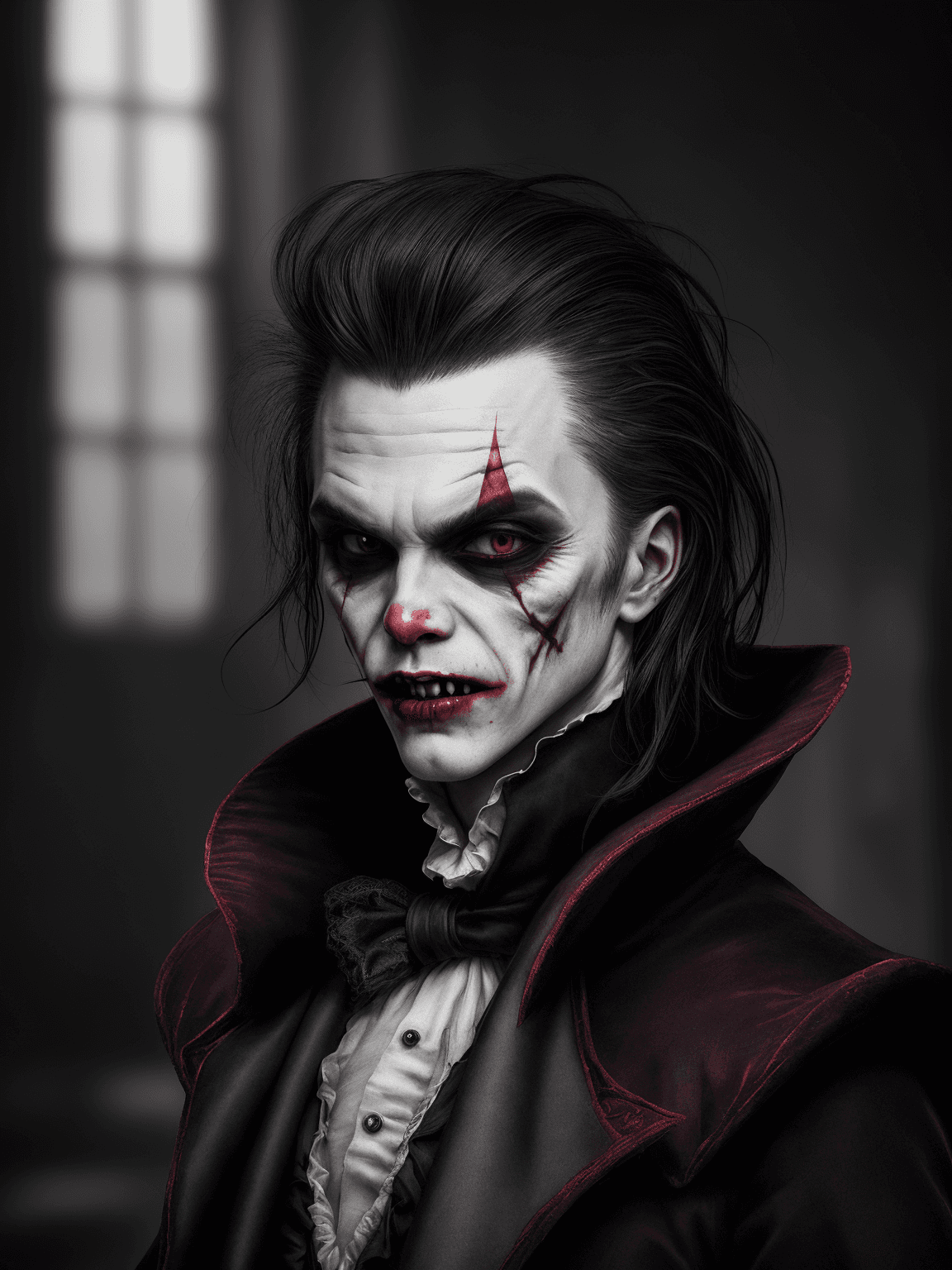 AI generated: (vampire:1.2),Fashion photography of a joker, 1800s renaissance, clown makeup, editorial, insanely d...