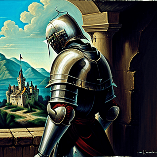 AI generated: Painting of a knight looking down in despair. Background has a love castle which is forever empty.