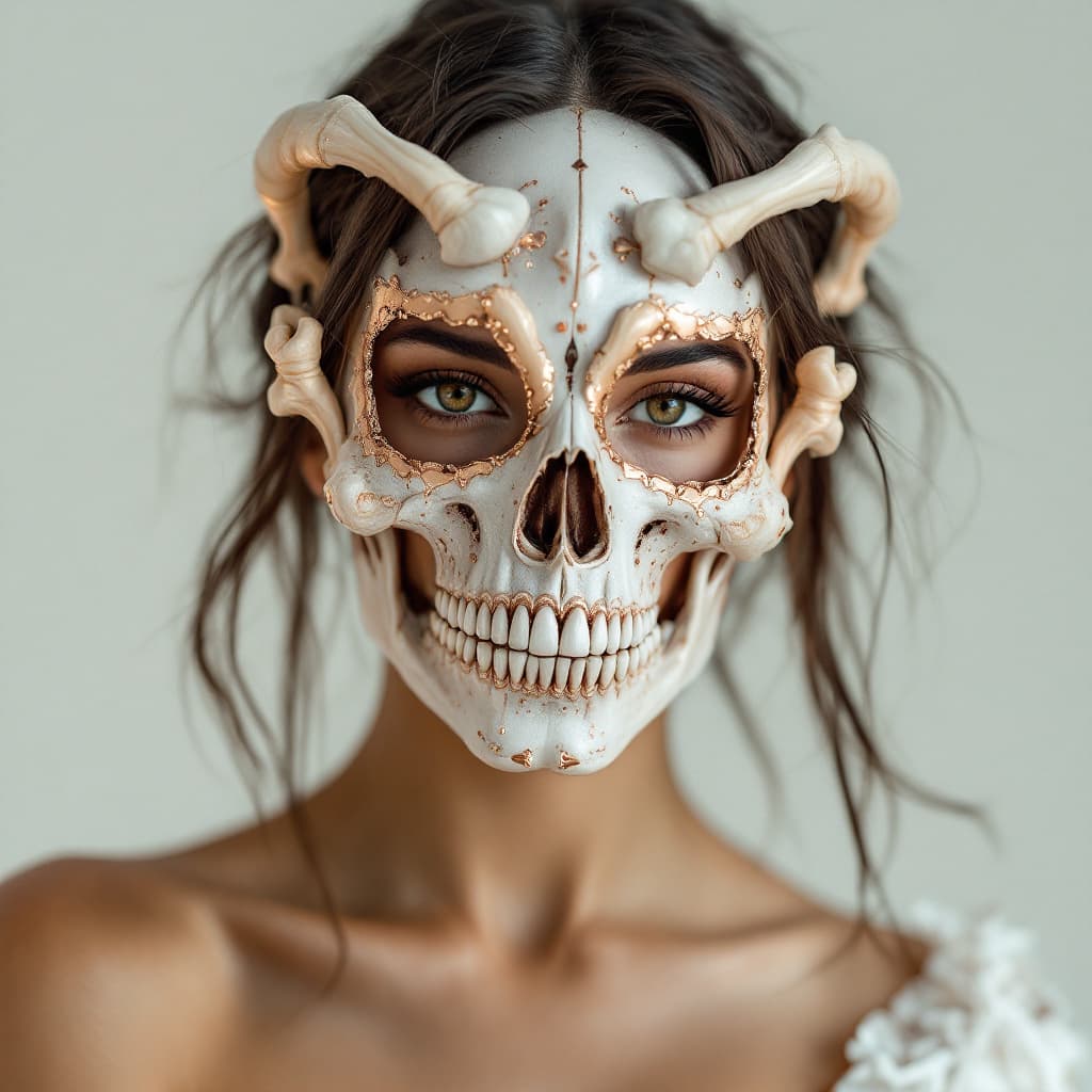 AI generated: photo portrait of a woman wearing a skull and bone mask, in the style of rose gold and white, lookin...