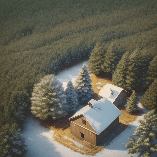 AI generated: hyperrealistic farm bird view of small house. winter colours. pine trees. oak tree. 35mm photograph ...
