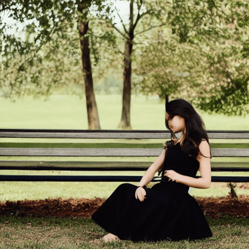 AI generated: Photo of a cute girl wearing a seductive black dress sitting on a bench at the park, daytime,