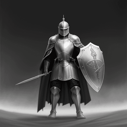 AI generated: pencil drawing of a knight with shield and cloak, Confronting the Enemy's Forces, Facing it alone, i...