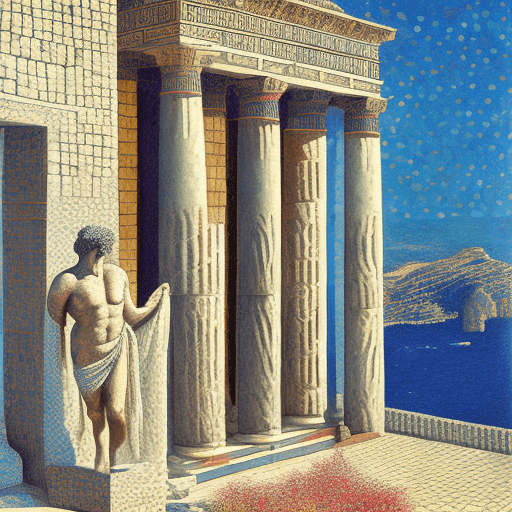 AI generated: fine detailed pointillism painting + low-angle view, hyper-realistic, classical architecture, ancien...